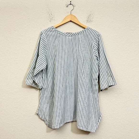 HEART'S DESIRE by Mary Grace Linen Top White Blue Striped Lagenlook - Picture 2 of 12